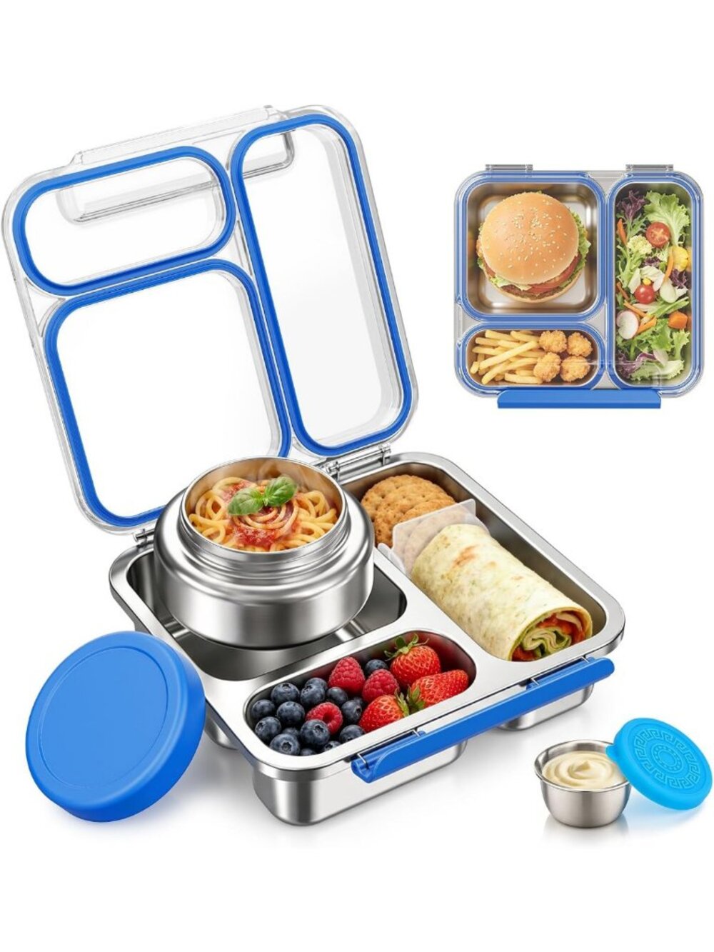 Insulated Stainless Steel Bento Box with Soup Jar, Removable Divider & Sauce Cup